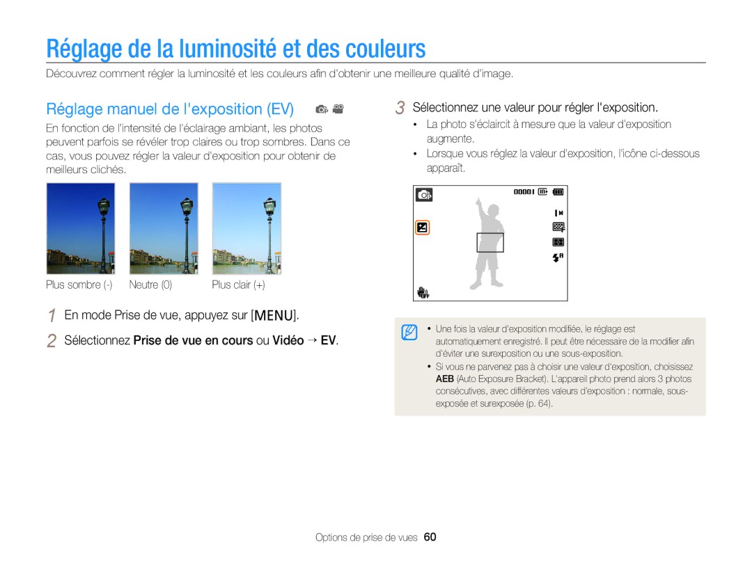 Samsung EC-PL210ZDPBZA, EC-PL210ZBPPE1 manual Réglage de la luminosité et des couleurs, Réglage manuel de lexposition EV p 