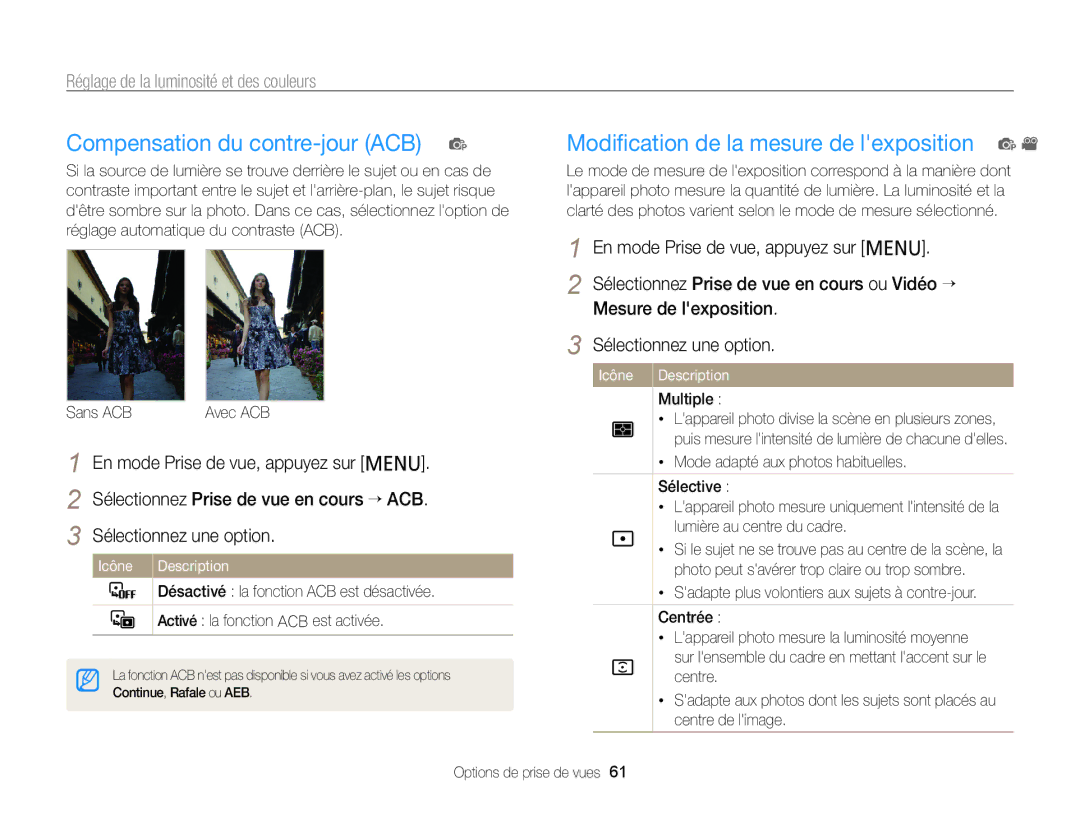 Samsung EC-PL120ZFPLE1, EC-PL210ZBPPE1 manual Compensation du contre-jour ACB p, Modiﬁcation de la mesure de lexposition p 