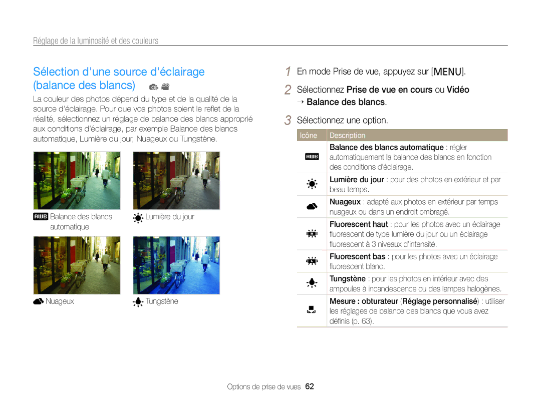 Samsung EC-PL120ZBPSE1, EC-PL210ZBPPE1, EC-PL120ZBPBE1, EC-PL20ZZDPSZA Sélection dune source déclairage balance des blancs p 