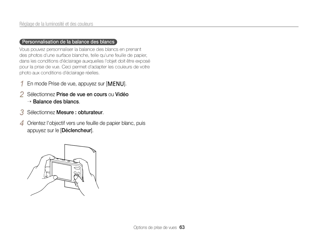 Samsung EC-PL20ZZBPBE1, EC-PL210ZBPPE1, EC-PL120ZBPBE1, EC-PL20ZZDPSZA manual Personnalisation de la balance des blancs 