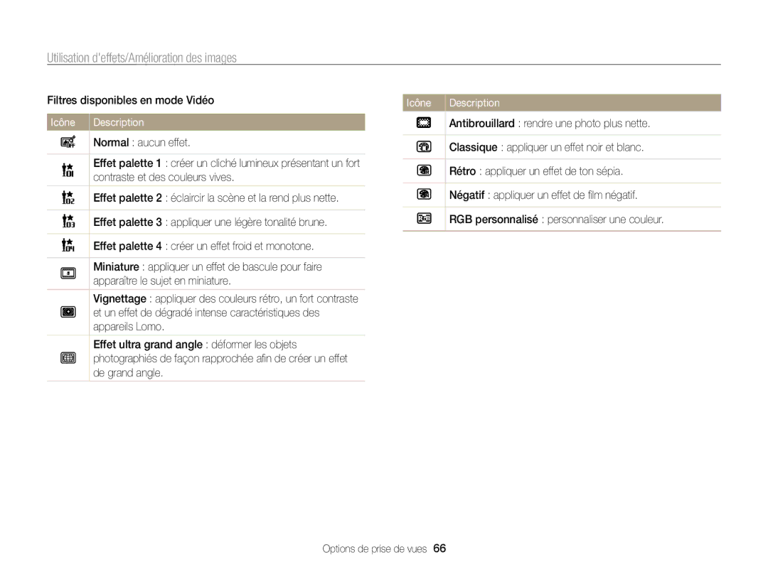 Samsung EC-PL120ZBPLE1, EC-PL210ZBPPE1 manual Utilisation deffets/Amélioration des images, Filtres disponibles en mode Vidéo 