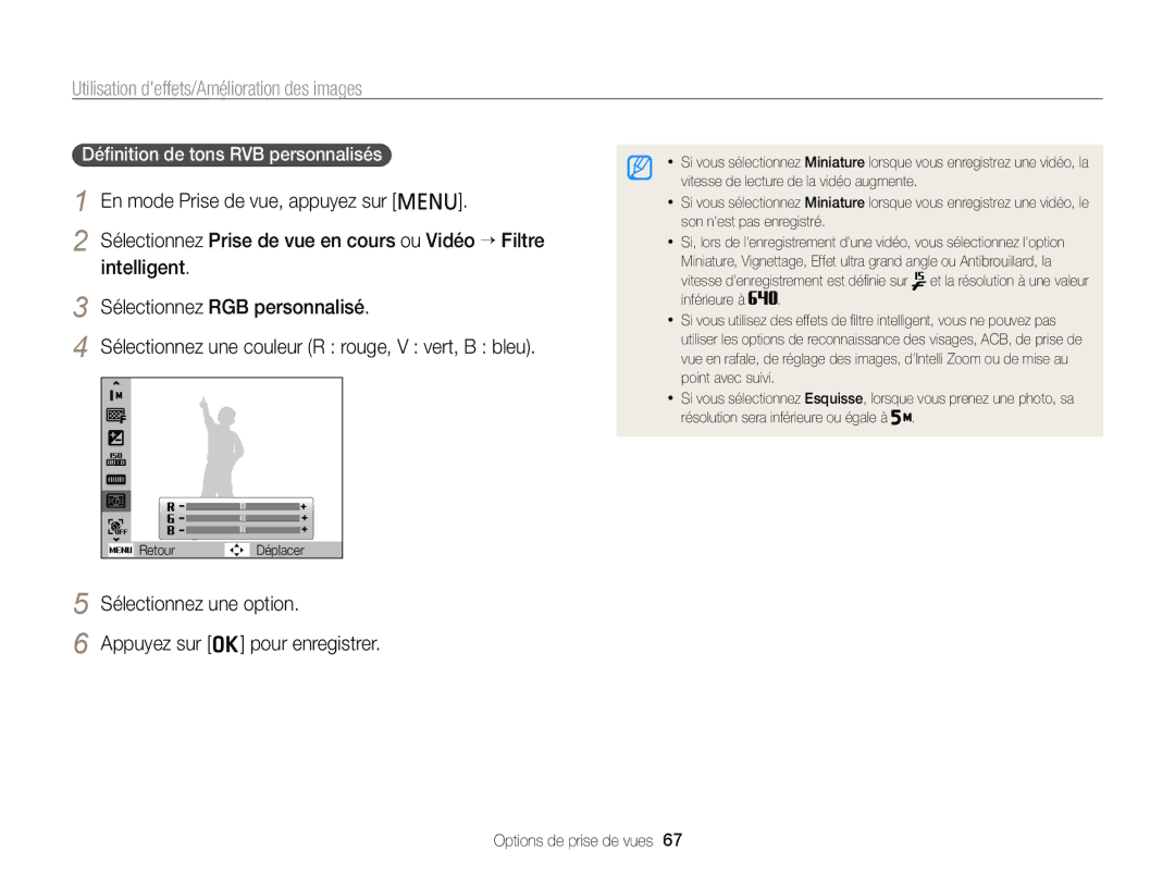 Samsung EC-PL210ZBPPE1, EC-PL120ZBPBE1, EC-PL20ZZDPSZA Déﬁnition de tons RVB personnalisés, Appuyez sur o pour enregistrer 