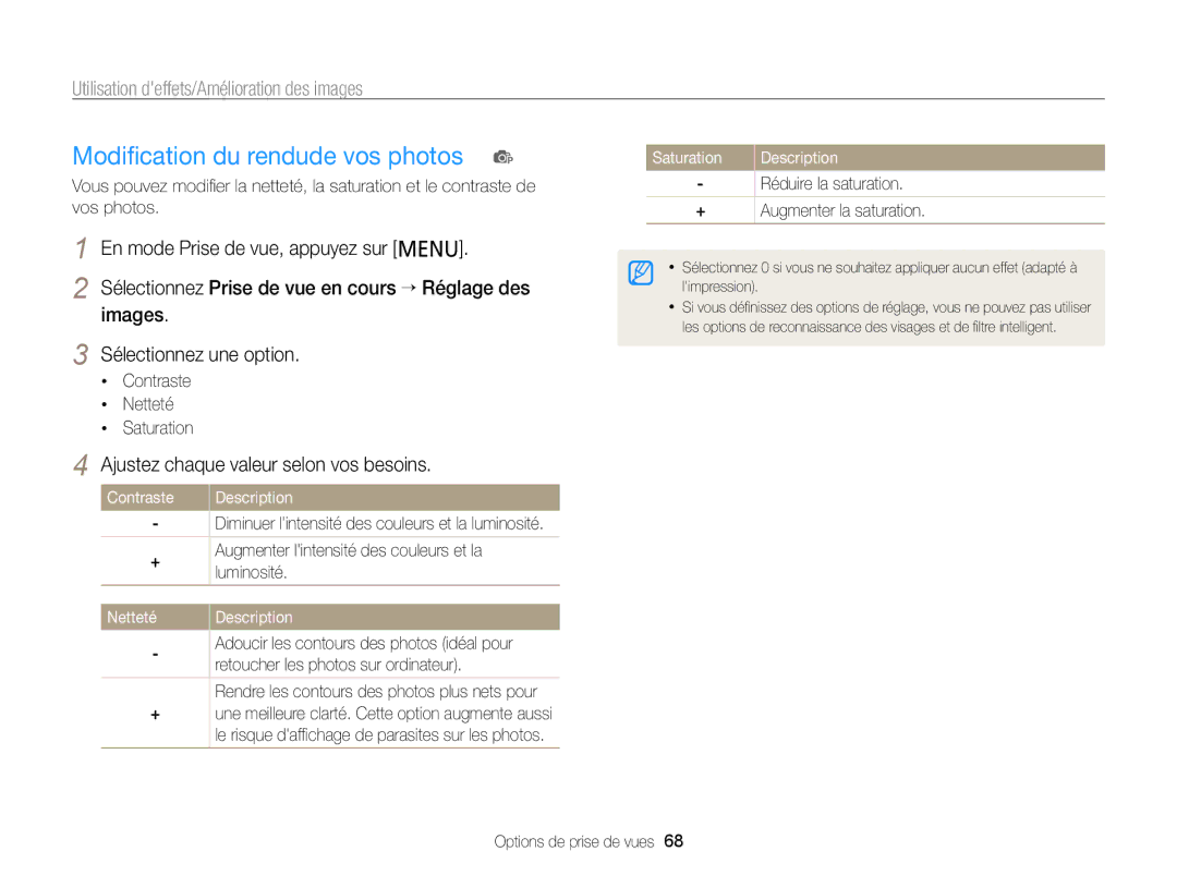 Samsung EC-PL120ZBPBE1 Modiﬁcation du rendude vos photos p, Ajustez chaque valeur selon vos besoins, Contraste, Saturation 