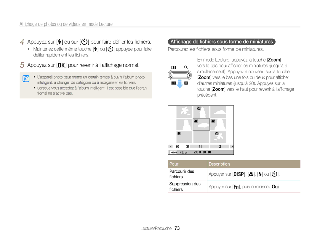 Samsung EC-PL120ZFPPE1 manual Appuyez sur o pour revenir à lafﬁchage normal, Afﬁchage de ﬁchiers sous forme de miniatures 