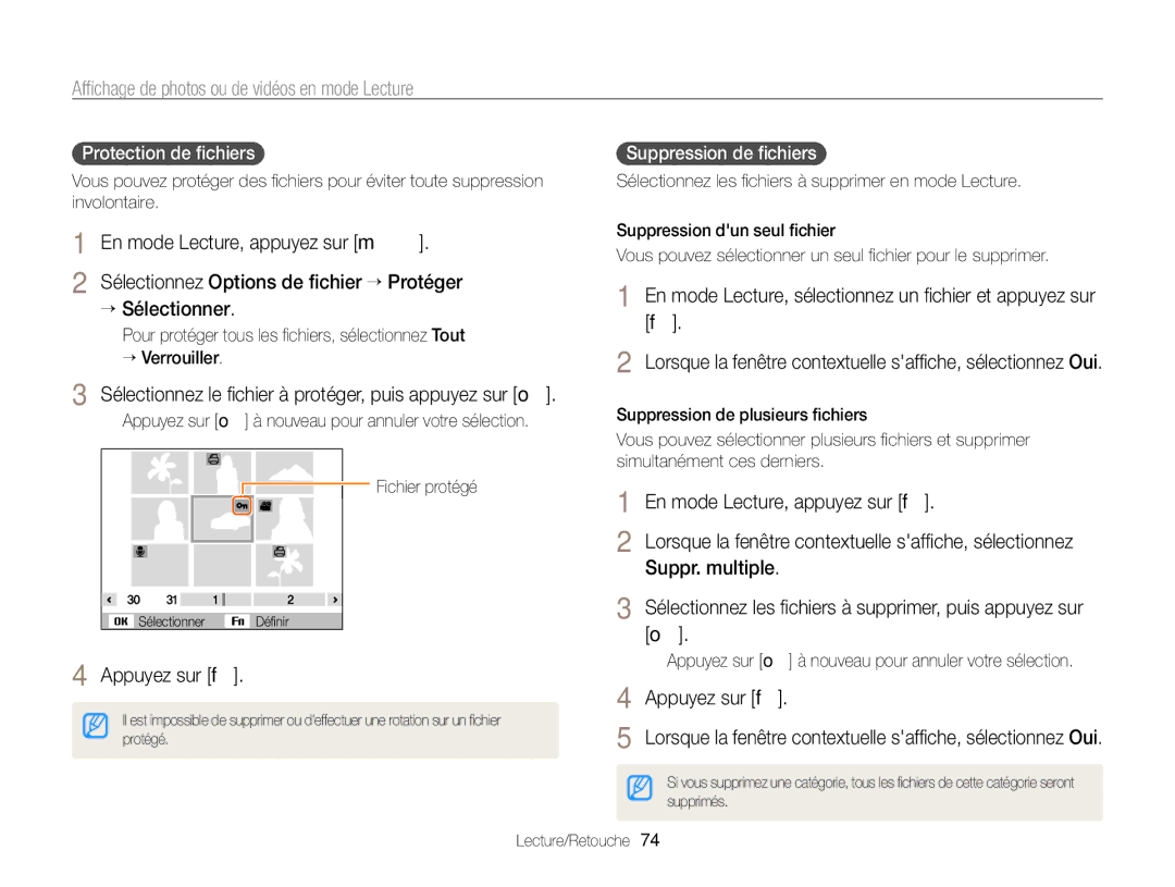 Samsung EC-PL120ZFPBE1, EC-PL210ZBPPE1 manual Sélectionnez le ﬁchier à protéger, puis appuyez sur o, Protection de ﬁchiers 