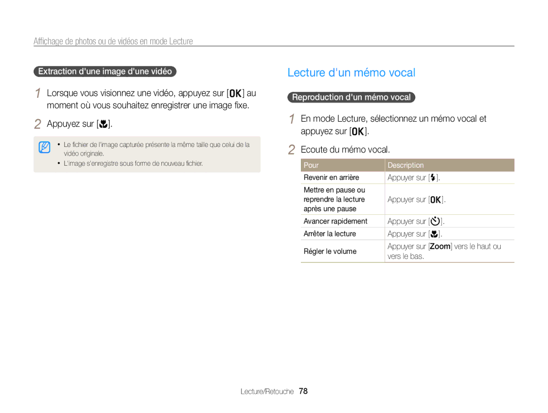 Samsung EC-PL120ZFPLE1, EC-PL210ZBPPE1 manual Lecture dun mémo vocal, Appuyez sur c, Extraction dune image dune vidéo 