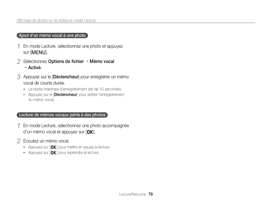 Samsung EC-PL120ZBPSE1, EC-PL210ZBPPE1, EC-PL120ZBPBE1 manual Ecoutez un mémo vocal, Ajout dun mémo vocal à une photo 