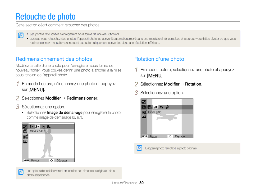 Samsung EC-PL20ZZBPBE1, EC-PL210ZBPPE1, EC-PL120ZBPBE1 Retouche de photo, Redimensionnement des photos, Rotation dune photo 