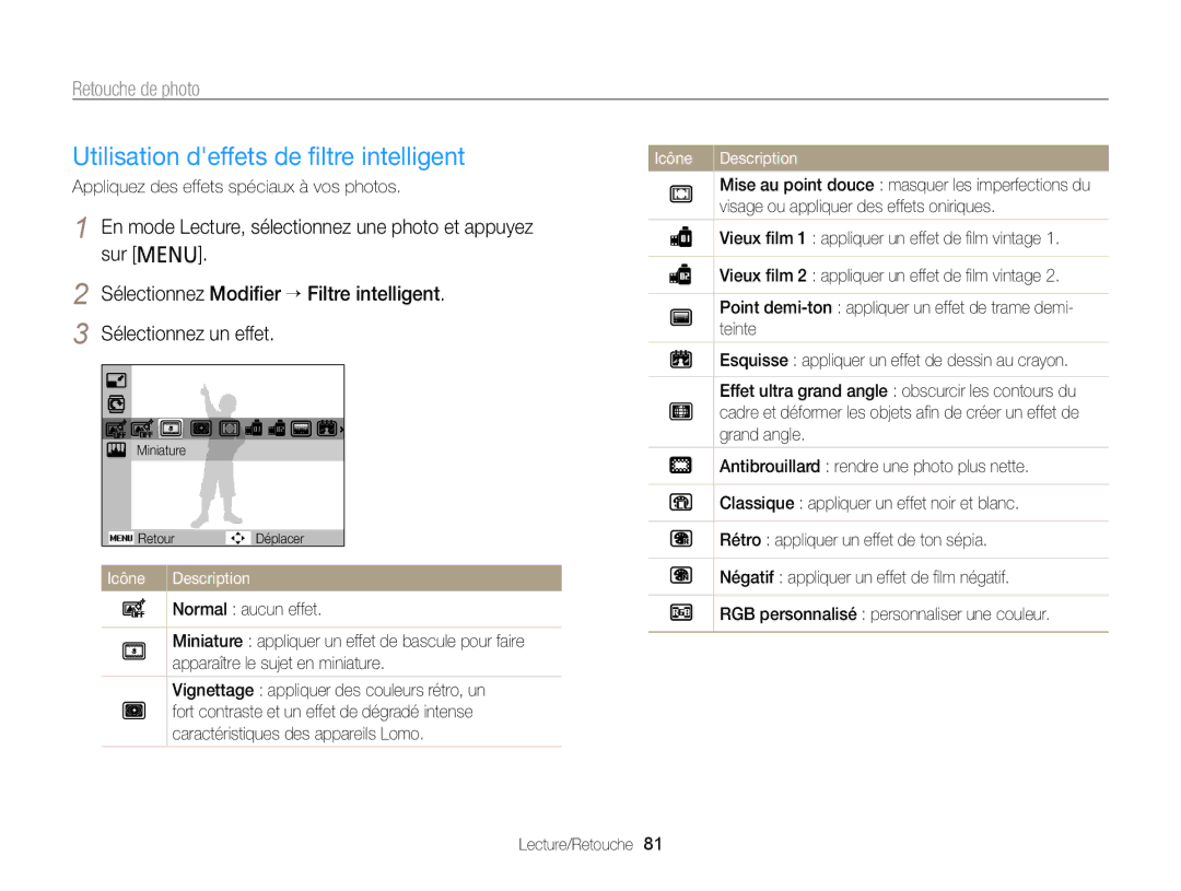 Samsung EC-PL121ZFDBE1, EC-PL210ZBPPE1, EC-PL120ZBPBE1 manual Utilisation deffets de ﬁltre intelligent, Retouche de photo 