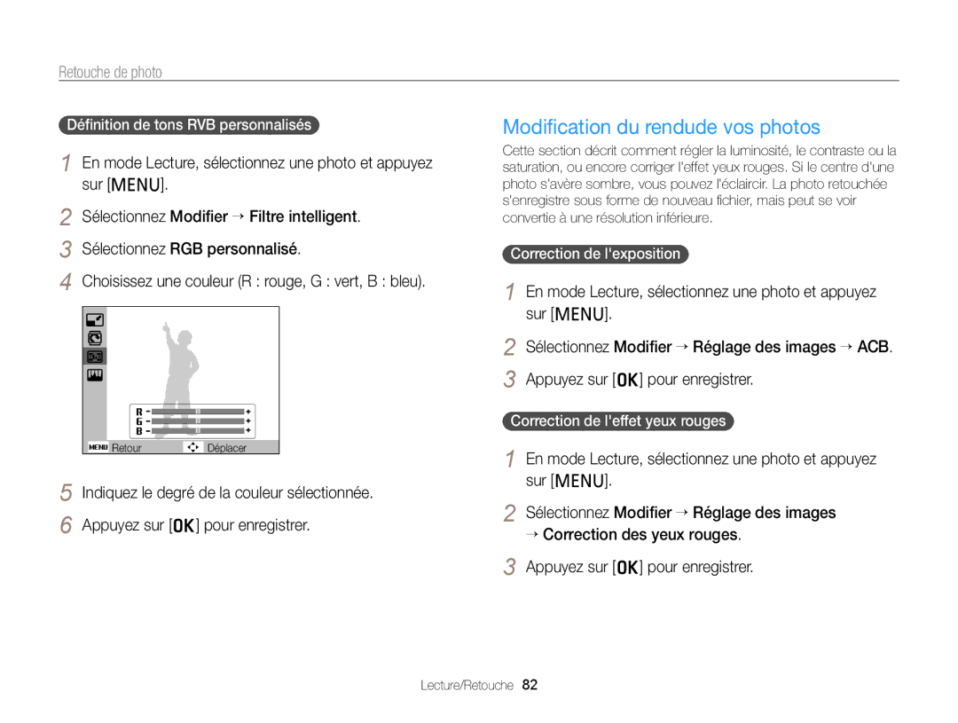 Samsung EC-PL120ZFPSE1 Modiﬁcation du rendude vos photos, Correction de lexposition, Correction de leffet yeux rouges 