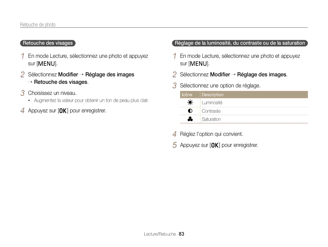 Samsung EC-PL120ZBPLE1, EC-PL210ZBPPE1, EC-PL120ZBPBE1, EC-PL20ZZDPSZA Réglez loption qui convient, Retouche des visages 