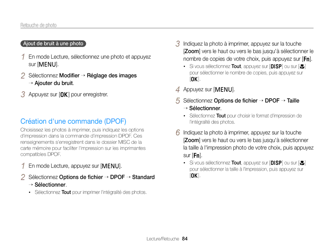 Samsung EC-PL210ZBPPE1, EC-PL120ZBPBE1, EC-PL20ZZDPSZA manual Création dune commande Dpof, Ajout de bruit à une photo 