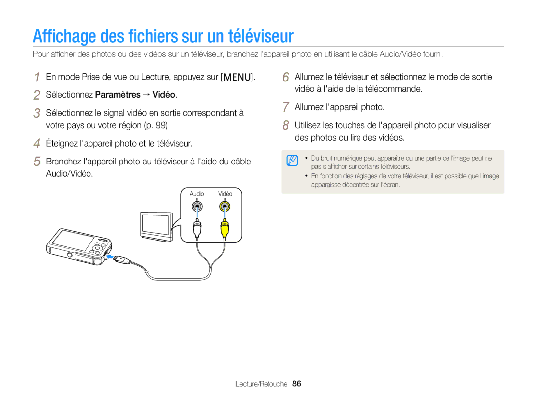 Samsung EC-PL20ZZDPSZA, EC-PL210ZBPPE1 Afﬁchage des ﬁchiers sur un téléviseur, Éteignez lappareil photo et le téléviseur 