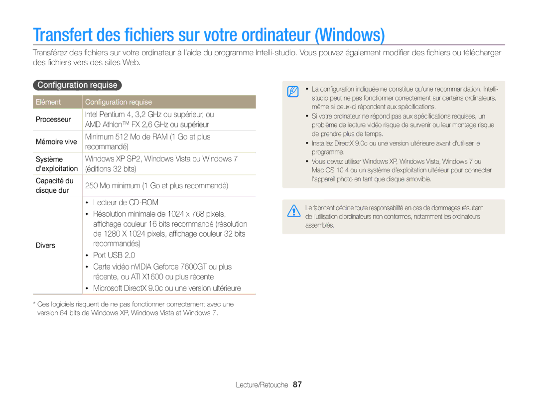 Samsung EC-PL20ZZDPBZA, EC-PL210ZBPPE1 manual Transfert des ﬁchiers sur votre ordinateur Windows, Conﬁguration requise 