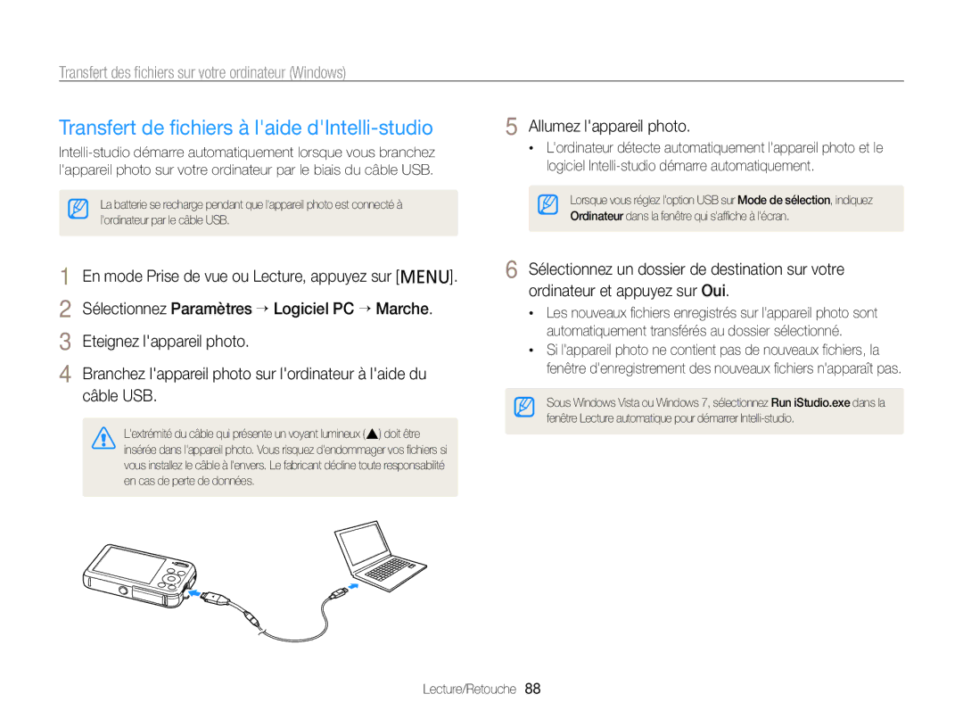 Samsung EC-PL20ZZBPRE1 Transfert de ﬁchiers à laide dIntelli-studio, Transfert des ﬁchiers sur votre ordinateur Windows 