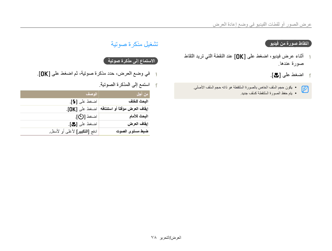 Samsung EC-PL20ZZBPSE1 manual ﺔﻴﺗﻮﺻ ﺓﺮﻛﺬﻣ ﻞﻴﻐﺸﺗ, ﻰﻠﻋ ﻂﻐﺿﺍ ﻢﺛ ،ﺔﻴﺗﻮﺻ ﺓﺮﻛﺬﻣ ﺩﺪﺣ ،ﺽﺮﻌﻟﺍ ﻊﺿﻭ ﻲﻓ, ﺔﻴﺗﻮﺻ ﺓﺮﻛﺬﻣ ﻰﻟﺇ ﻉﺎﻤﺘﺳﻻﺍ 