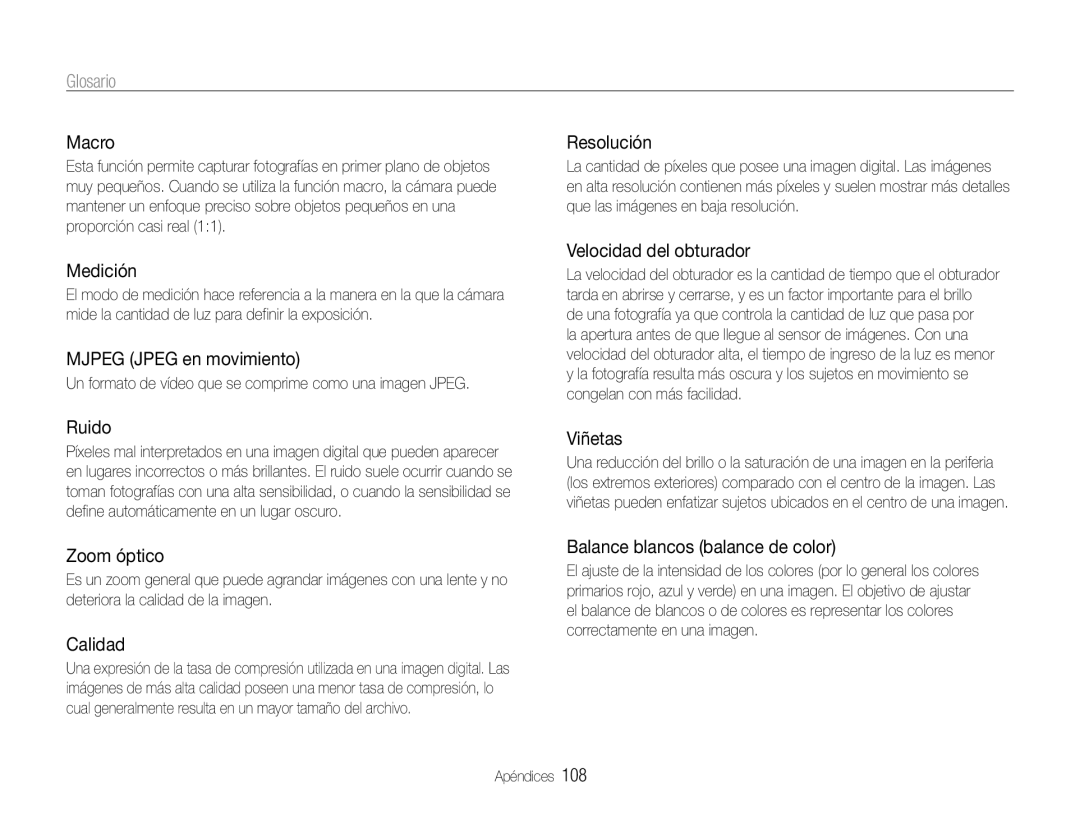 Samsung EC-PL210ZBPBE1 manual Macro, Medición, Mjpeg Jpeg en movimiento, Ruido, Zoom óptico, Calidad, Resolución, Viñetas 