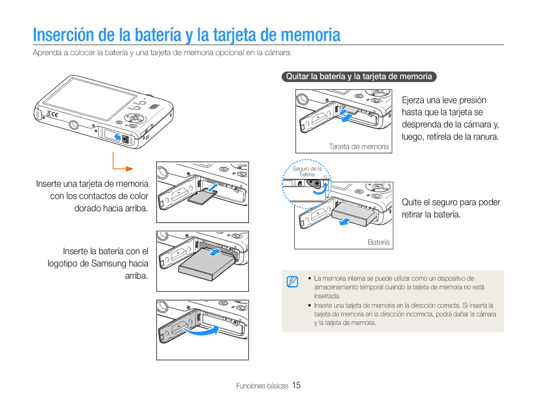 Samsung EC-PL21ZZBPBE1 Inserción de la batería y la tarjeta de memoria, Quite el seguro para poder retirar la batería 