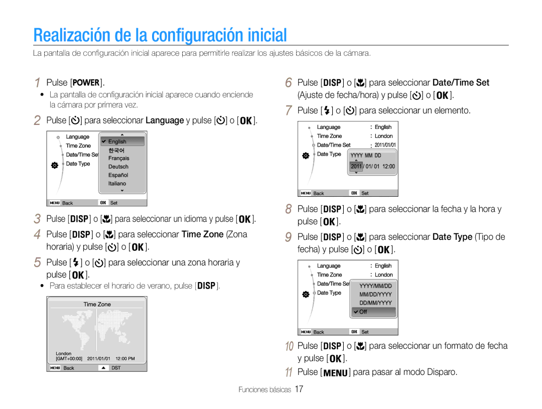 Samsung EC-PL210ZBPPE1, EC-PL210ZBPBE1 Realización de la configuración inicial, Pulse Para seleccionar Date/Time Set 