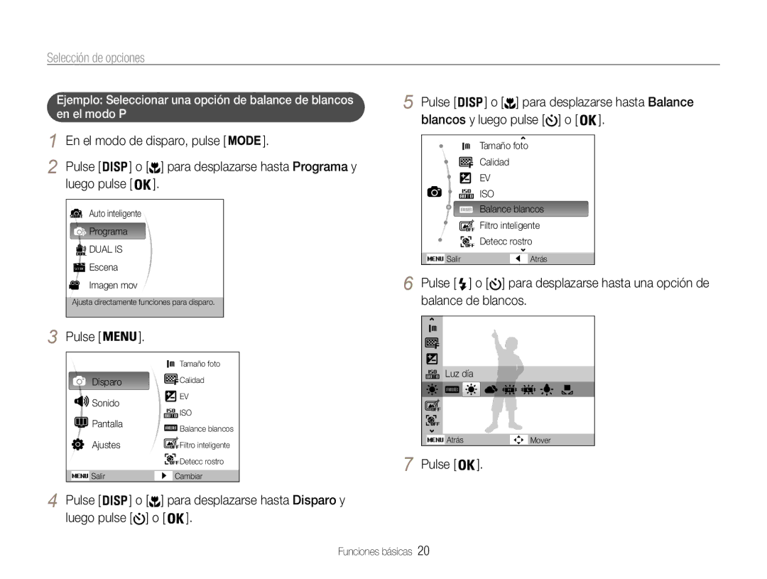 Samsung EC-PL210ZBPSE1 manual Selección de opciones, Blancos y luego pulse o, Balance de blancos, Luego pulse o 
