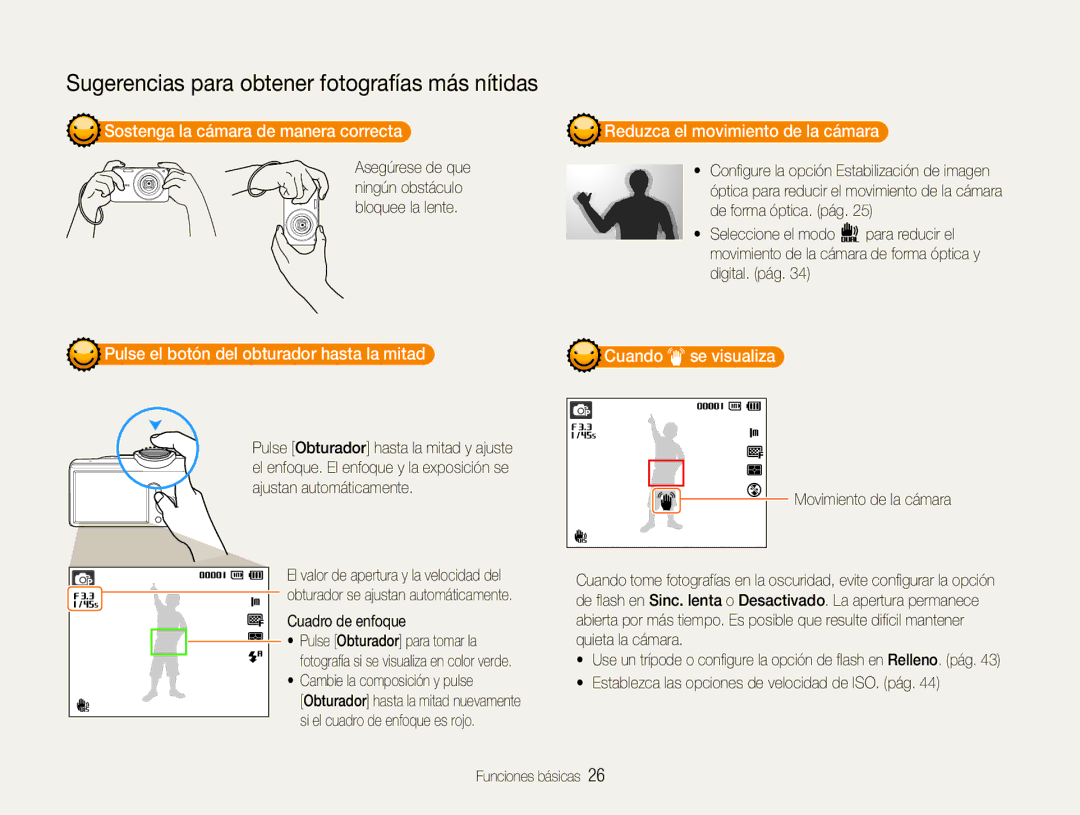 Samsung EC-PL210ZBPSE1 Sostenga la cámara de manera correcta, Reduzca el movimiento de la cámara, Cuando se visualiza 