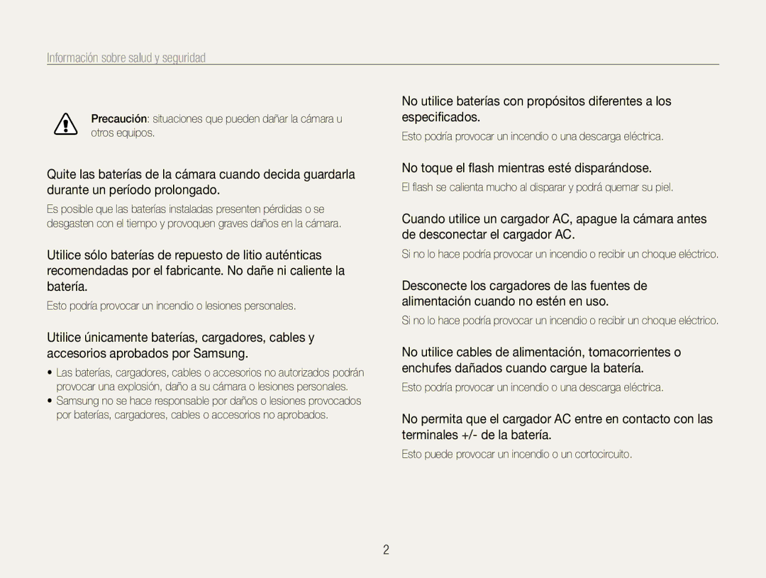 Samsung EC-PL210ZBPSE1, EC-PL210ZBPPE1 Información sobre salud y seguridad, No toque el flash mientras esté disparándose 