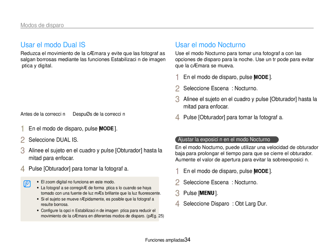 Samsung EC-PL21ZZBPBE2, EC-PL210ZBPPE1, EC-PL210ZBPBE1 manual Usar el modo Dual is, Usar el modo Nocturno, Seleccione Dual is 