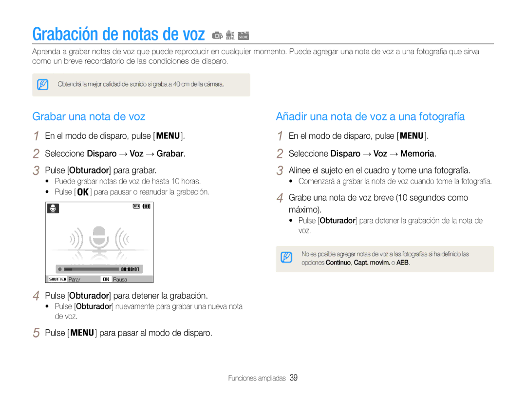 Samsung EC-PL21ZZBPBE1 manual Grabación de notas de voz, Grabar una nota de voz, Añadir una nota de voz a una fotografía 