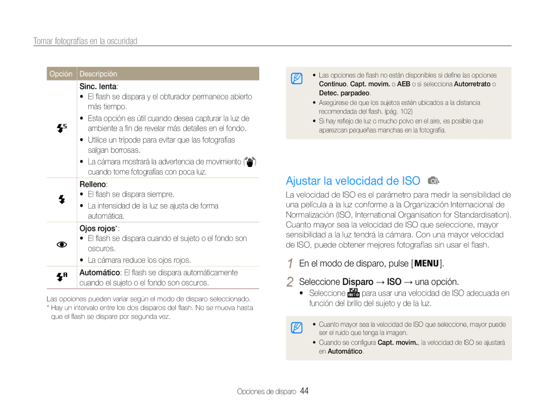 Samsung EC-PL210ZBPSE1, EC-PL210ZBPPE1, EC-PL210ZBPBE1 manual Ajustar la velocidad de ISO, Tomar fotografías en la oscuridad 