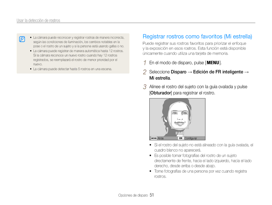 Samsung EC-PL21ZZBPBE1 Registrar rostros como favoritos Mi estrella, Seleccione Disparo → Edición de FR inteligente → 