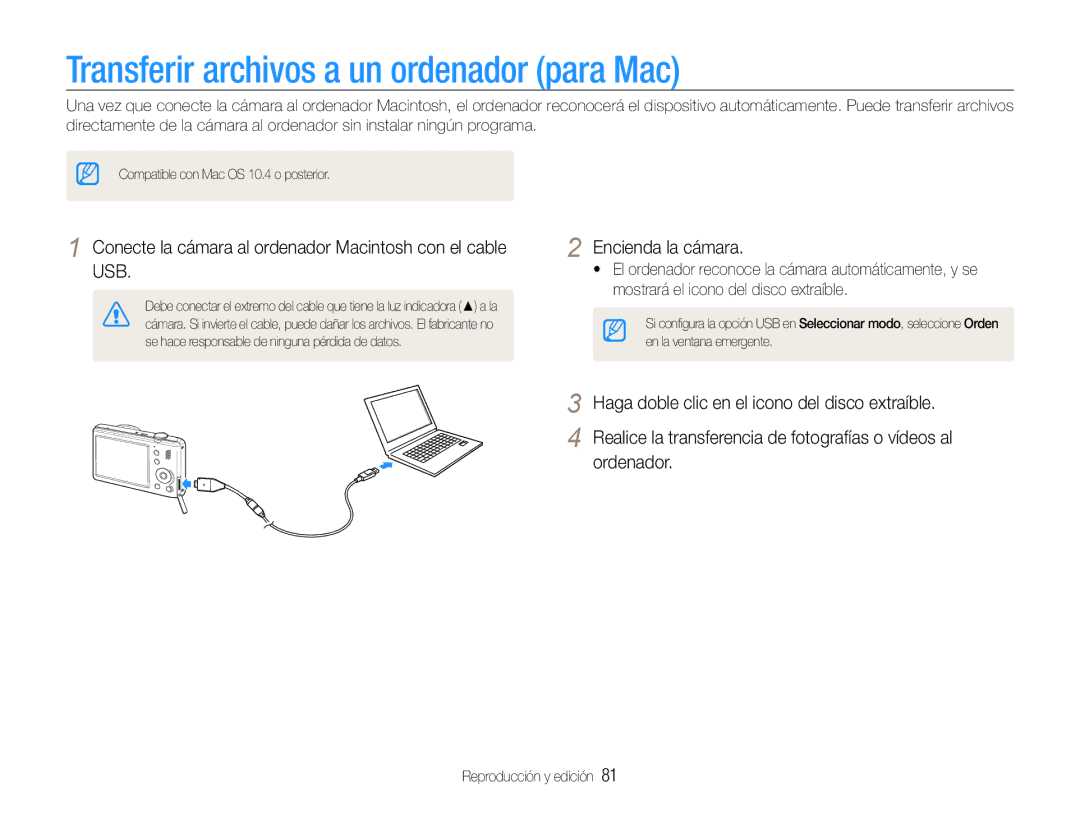 Samsung EC-PL21ZZBPBE1, EC-PL210ZBPPE1, EC-PL210ZBPBE1, EC-PL21ZZBPPE1 manual Transferir archivos a un ordenador para Mac 