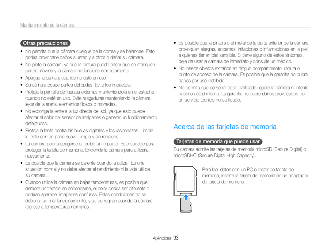 Samsung EC-PL21ZZBPBE1 manual Acerca de las tarjetas de memoria, Otras precauciones, Tarjetas de memoria que puede usar 