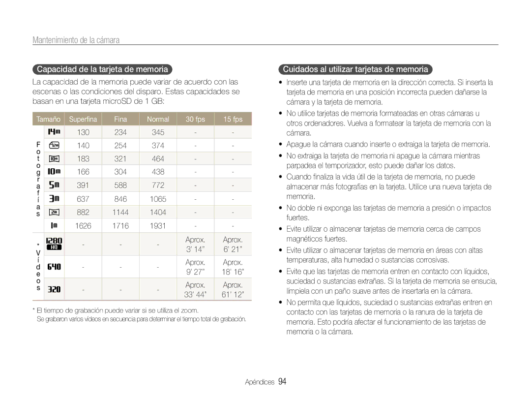 Samsung EC-PL21ZZBPBE2 manual Capacidad de la tarjeta de memoria, Cuidados al utilizar tarjetas de memoria, Tamaño 