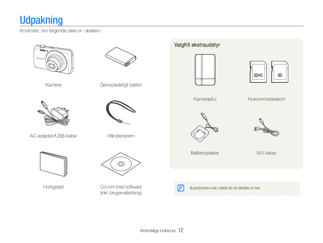 Samsung EC-PL20ZZBPRE2, EC-PL21ZZBPBE2, EC-PL21ZZBPPE2, EC-PL20ZZBPSE2, EC-PL20ZZBPPE2 manual Udpakning, Valgfrit ekstraudstyr 