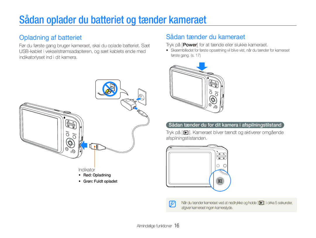 Samsung EC-PL20ZZBPPE2 Sådan oplader du batteriet og tænder kameraet, Opladning af batteriet, Sådan tænder du kameraet 