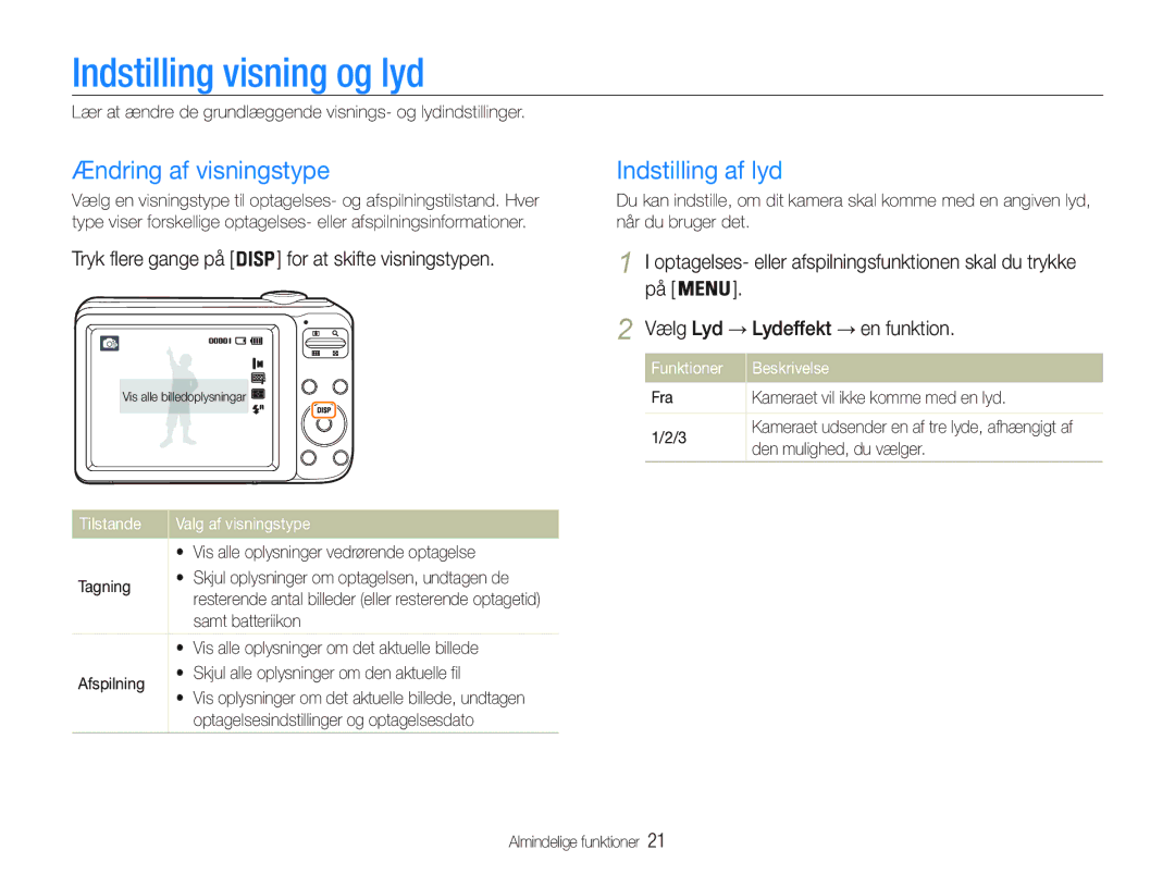 Samsung EC-PL21ZZBPPE2, EC-PL21ZZBPBE2 manual Indstilling visning og lyd, Ændring af visningstype, Indstilling af lyd 