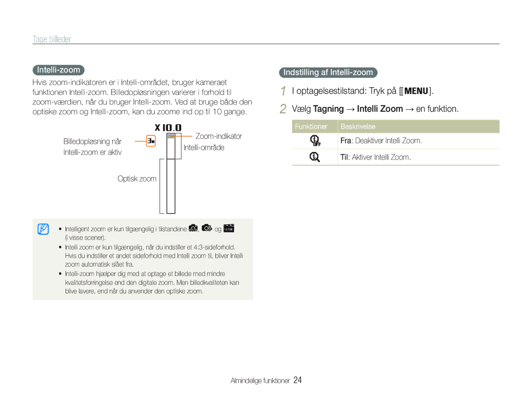 Samsung EC-PL20ZZBPBE2, EC-PL21ZZBPBE2 manual Vælg Tagning Intelli Zoom, Indstilling af Intelli-zoom, Funktioner 