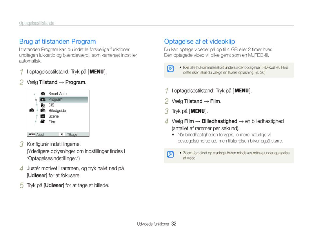 Samsung EC-PL21ZZBPRE2, EC-PL21ZZBPBE2 manual Brug af tilstanden Program, Optagelse af et videoklip, Vælg Tilstand Program 