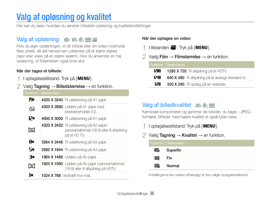 Samsung EC-PL20ZZBPSE2, EC-PL21ZZBPBE2 manual Valg af opløsning og kvalitet, Valg af billedkvalitet, Vælg Tagning Kvalitet 