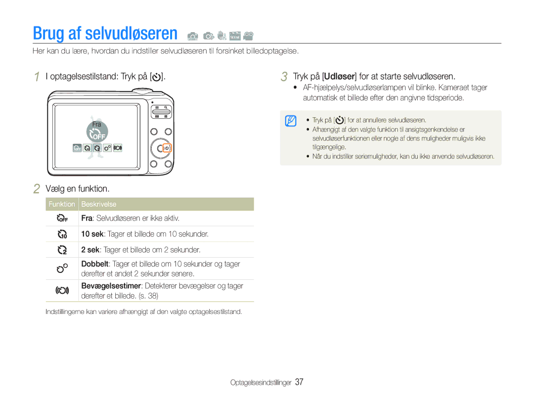 Samsung EC-PL20ZZBPPE2 manual Brug af selvudløseren, Tryk på Udløser for at starte selvudløseren, Vælg en funktion 