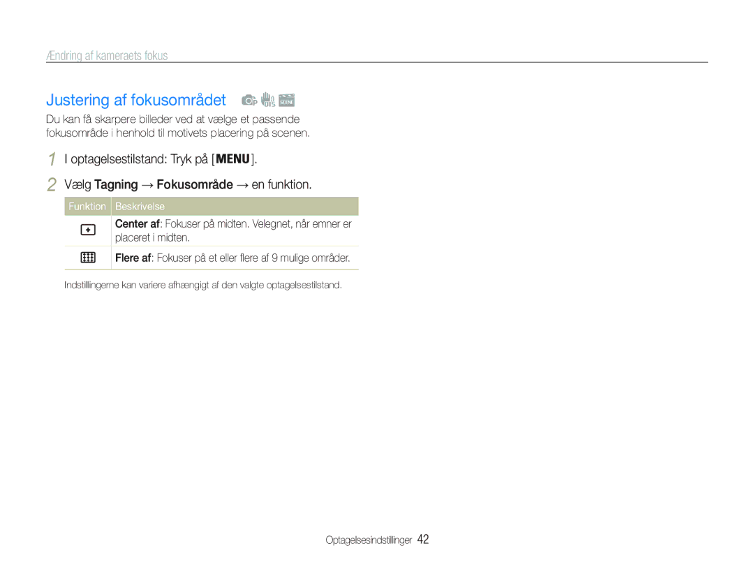 Samsung EC-PL21ZZBPPE2, EC-PL21ZZBPBE2, EC-PL20ZZBPSE2, EC-PL20ZZBPPE2 Justering af fokusområdet, Ændring af kameraets fokus 