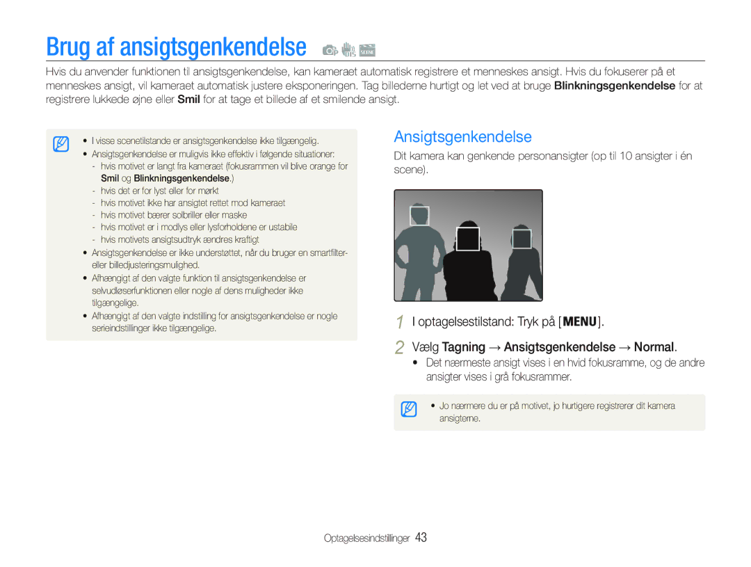 Samsung EC-PL20ZZBPSE2, EC-PL21ZZBPBE2 manual Brug af ansigtsgenkendelse, Vælg Tagning Ansigtsgenkendelse Normal 