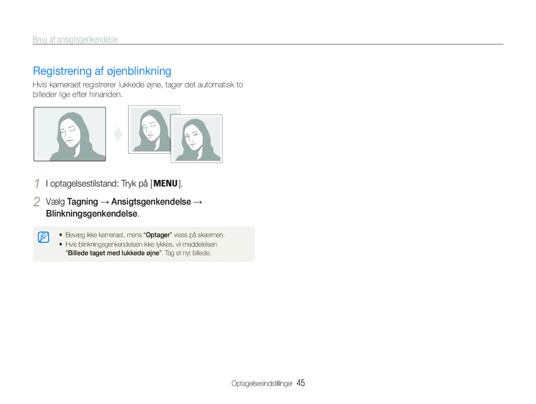 Samsung EC-PL20ZZBPBE2, EC-PL21ZZBPBE2 manual Registrering af øjenblinkning, Blinkningsgenkendelse, Ansigtsgenkendelse 