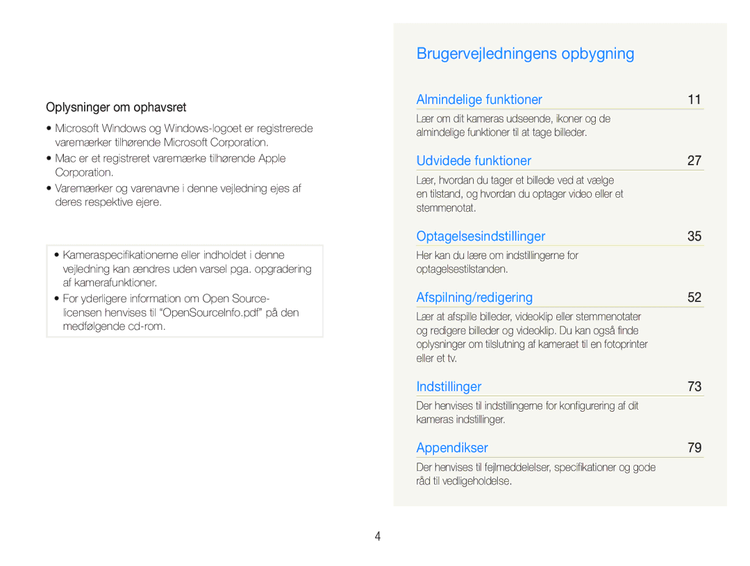 Samsung EC-PL21ZZBPRE2, EC-PL21ZZBPBE2, EC-PL21ZZBPPE2 manual Brugervejledningens opbygning, Oplysninger om ophavsret 