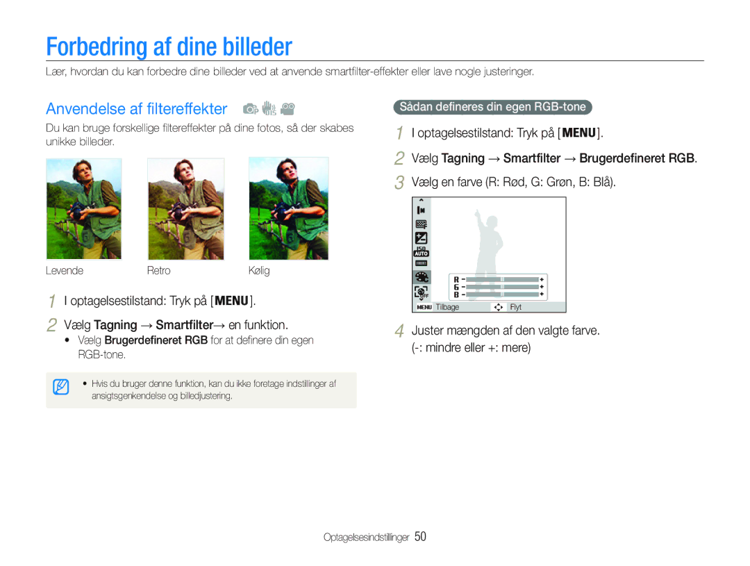 Samsung EC-PL20ZZBPSE2 manual Forbedring af dine billeder, Anvendelse af filtereffekter, Vælg Tagning Smartfilter 