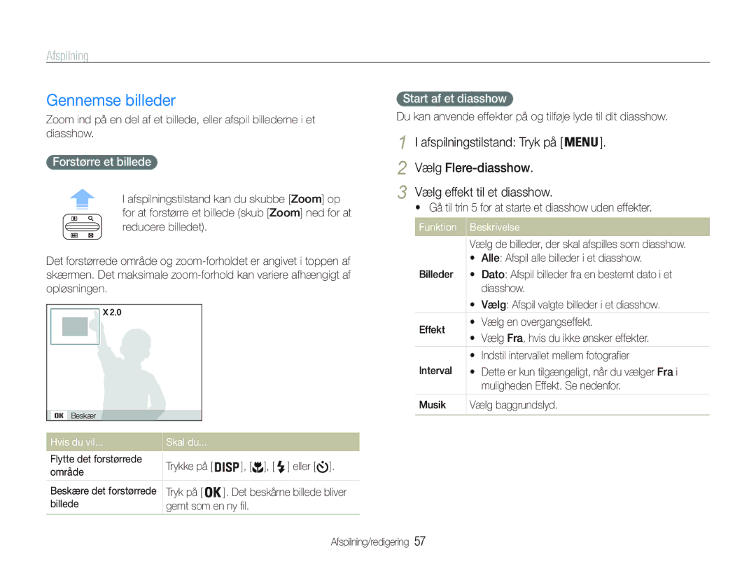 Samsung EC-PL20ZZBPSE2 manual Gennemse billeder, Vælg Flere-diasshow Vælg effekt til et diasshow, Forstørre et billede 