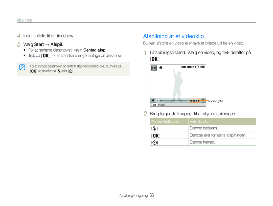 Samsung EC-PL20ZZBPPE2, EC-PL21ZZBPBE2 manual Afspilning af et videoklip, Indstil effekt til et diasshow, Vælg Start Afspil 