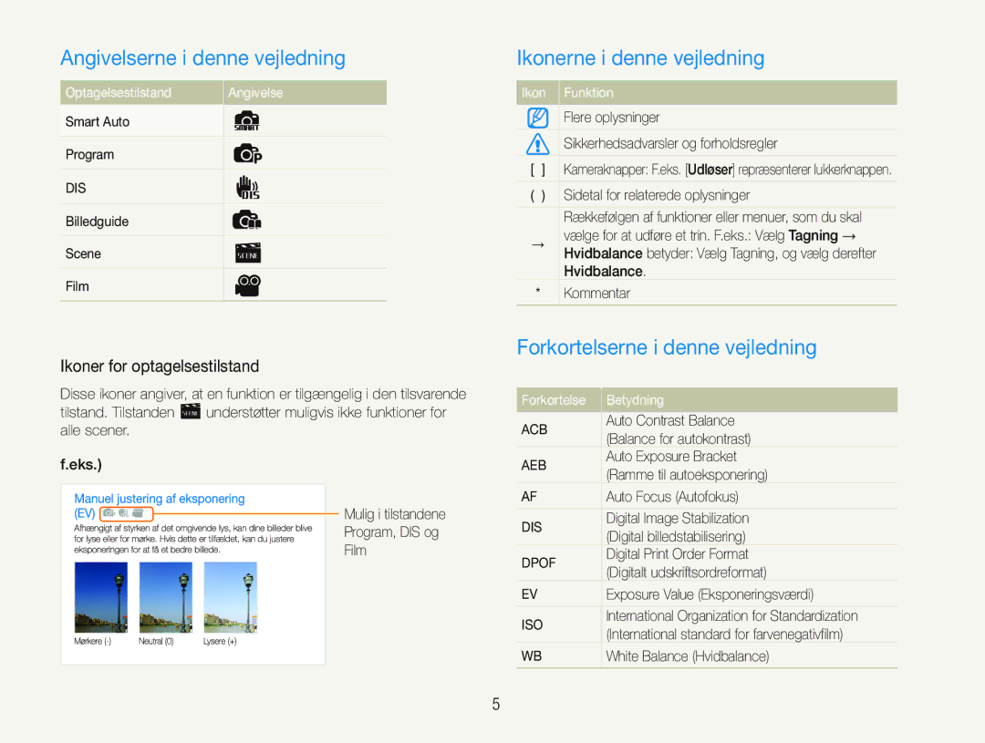 Samsung EC-PL20ZZBPRE2 Angivelserne i denne vejledning, Ikonerne i denne vejledning, Forkortelserne i denne vejledning 