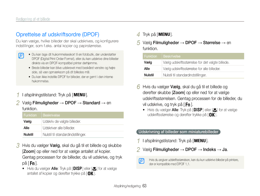 Samsung EC-PL21ZZBPPE2 manual Oprettelse af udskriftsordre Dpof, Tryk på Vælg Filmuligheder Dpof Størrelse en Funktion 