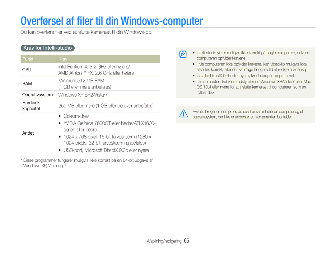 Samsung EC-PL20ZZBPPE2, EC-PL21ZZBPBE2 Overførsel af ﬁler til din Windows-computer, Krav for Intelli-studio, Punkt Krav 